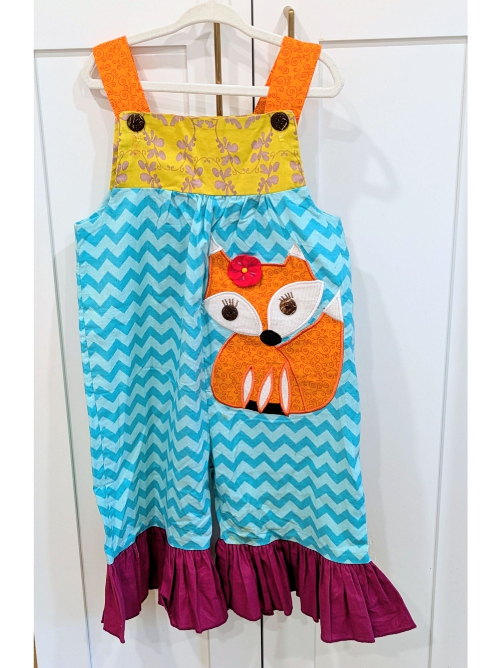 Turquoise Funky Fox Appliqué Overalls with Orange Straps